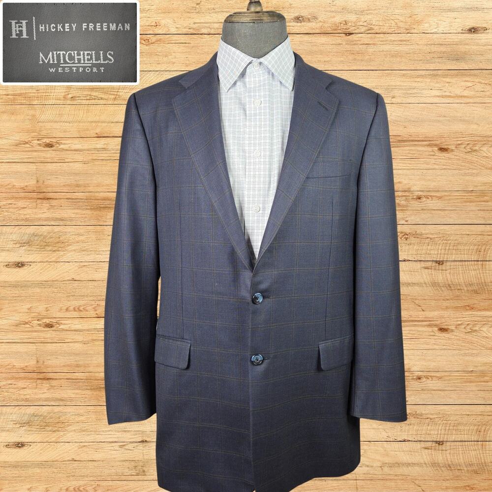 Hickey Freeman Madison Sports Jacket Mens 42L Blue Worsted Wool Windowpane